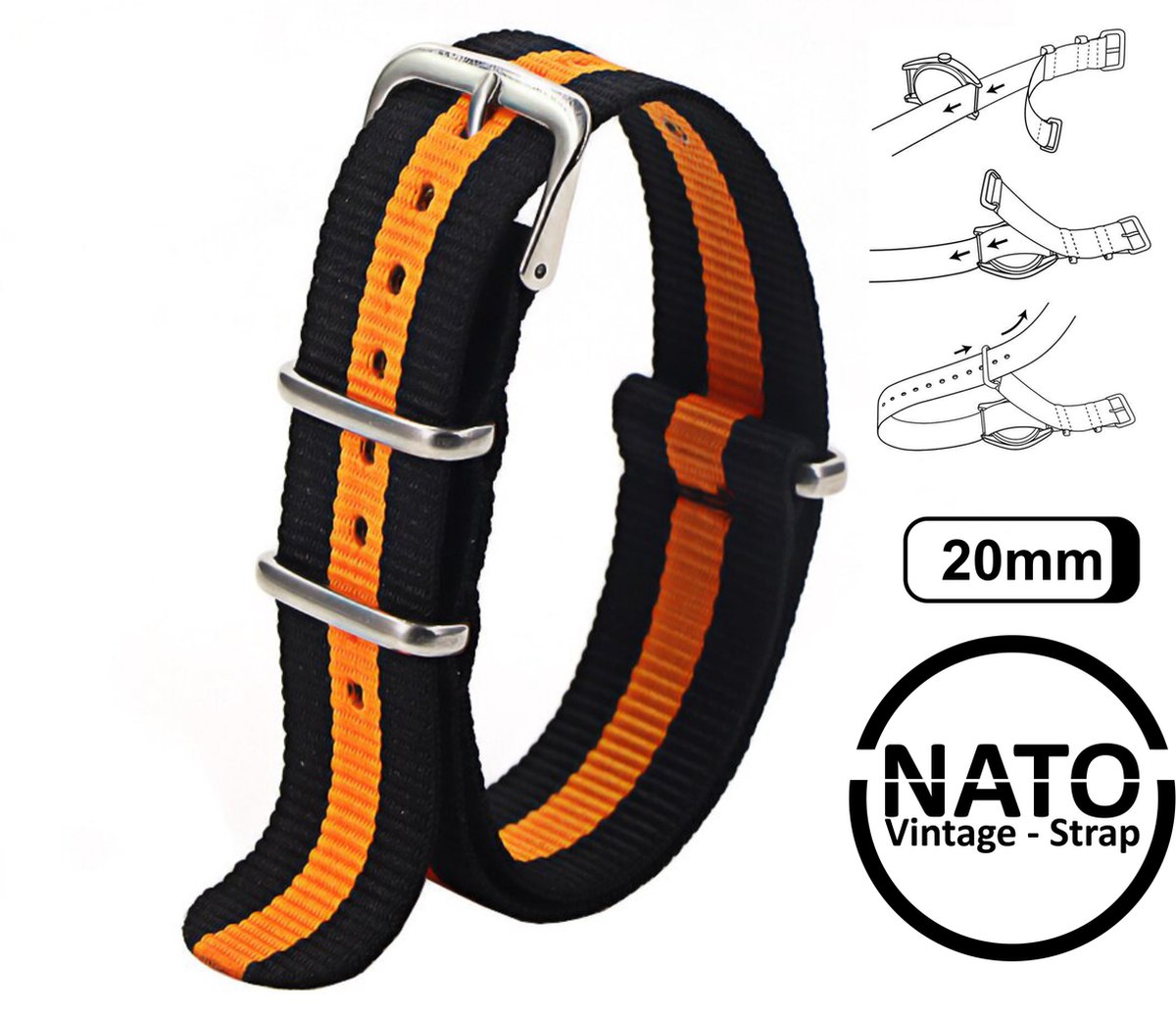 20mm Premium Nato Strap Zwart Oranje - Vintage James Bond - Nato Strap collectie - Mannen - Horlogeband - 20 mm bandbreedte voor oa. Seiko Rolex Omega Casio en Citizen