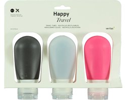 foto van Set van 3 hervulbare reisflesjes 80ml - Siliconen Reisflacons - Veritas Reisflesjes - Travel Bottles - Flessen Set - Hervulbare Flesjes - Verpakking voor Vloeistoffen