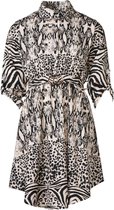 Dames animalprint jurk 3/4 mouwen met kraag, boven knopen, strik-ceintuur met gouden gesp - zwart/wit | Maat 2XL