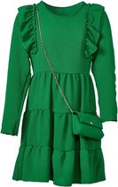Ruffle meisjes jurk lange mouwen met  stroken en een bijpassend tasje - groen | Maat 140/ 10Y