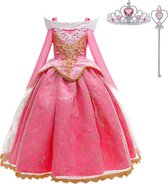 Joya Beauty® Doornroosje verkleedjurk | Roze Prinsessenjurk | verkleedkleding Meisje | Maat 122-128 (130) roze goud + kroontje & Staf | | Cadeau meisje