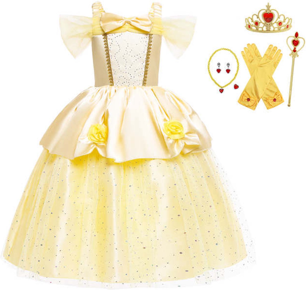 Joya Kids® Gele Verkleedjurk | Prinsessen Jurk | Prinses & het Beest verkleedkleding | (110) + kroon, Staf, Handschoenen, Ketting, Ring & Oorbellen | Cadeau meisje — afbeelding 2