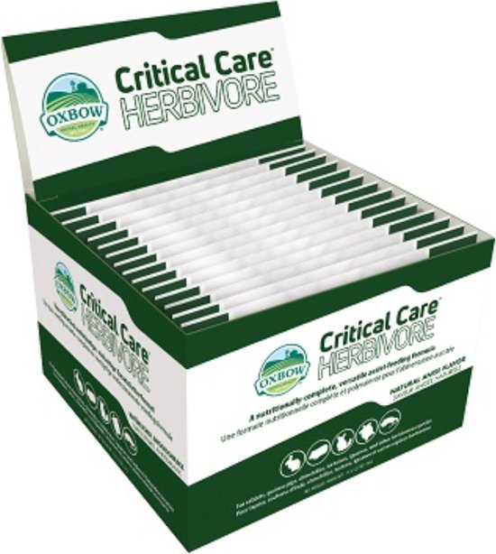 Groene displaydoos met "Critical Care Herbivore" zilverkleurige zakjes erin.