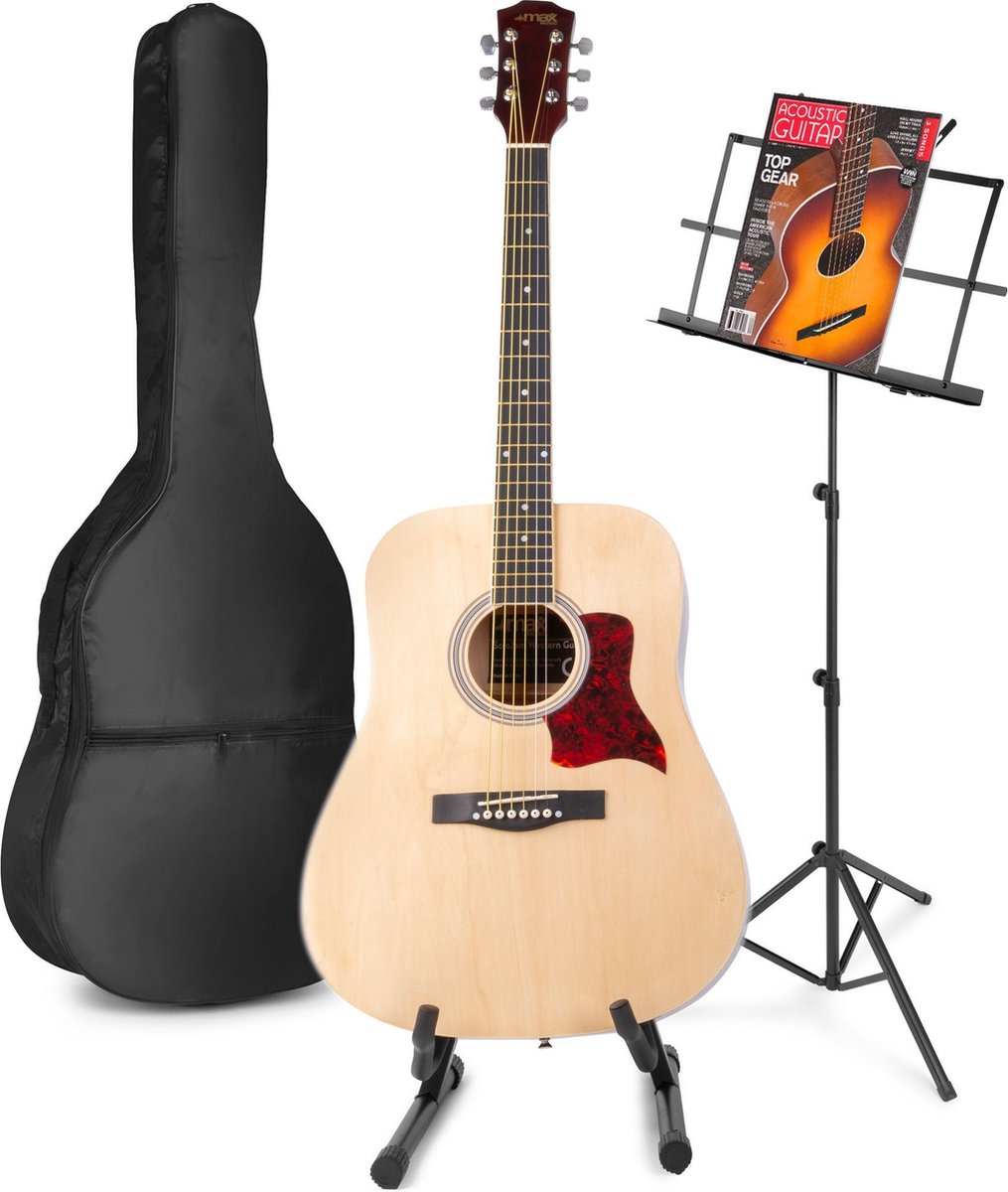Akoestische gitaar voor beginners - MAX SoloJam Western gitaar - Incl. gitaar standaard, muziekstandaard, gitaar stemapparaat, gitaartas en 2x plectrum - Hout
