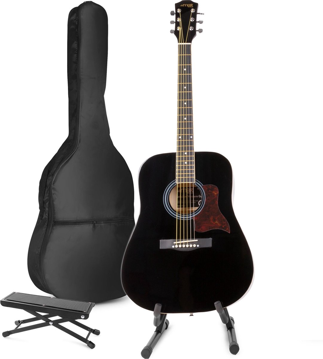 Akoestische gitaar voor beginners - MAX SoloJam Western gitaar - Incl. gitaar standaard, voetsteun, gitaar stemapparaat, gitaartas en 2x plectrum - Zwart