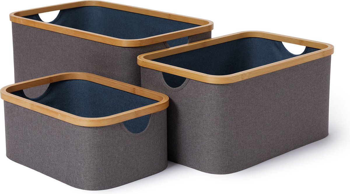 Lumaland rechthoekige opbergdoos met bamboe-frame in set van 3 dozen van 54 x 33 x H 26 cm en 45 x 30 x H 23 cm en 38 x 26 x H 16 cm Buitenkant Grijs/Binnenkant Blauw