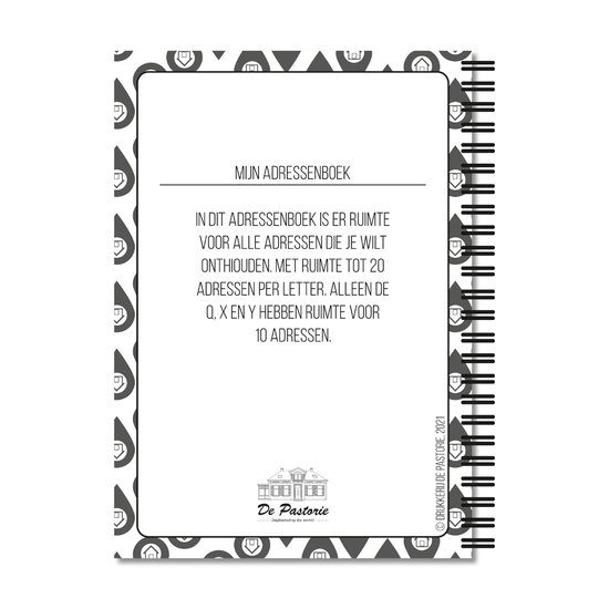 Voorzijde van een adressenboek met de titel 'MIJN ADRESSENBOEK'. Tekst beschrijft de inhoud. Grijs patroon aan de zijkanten.