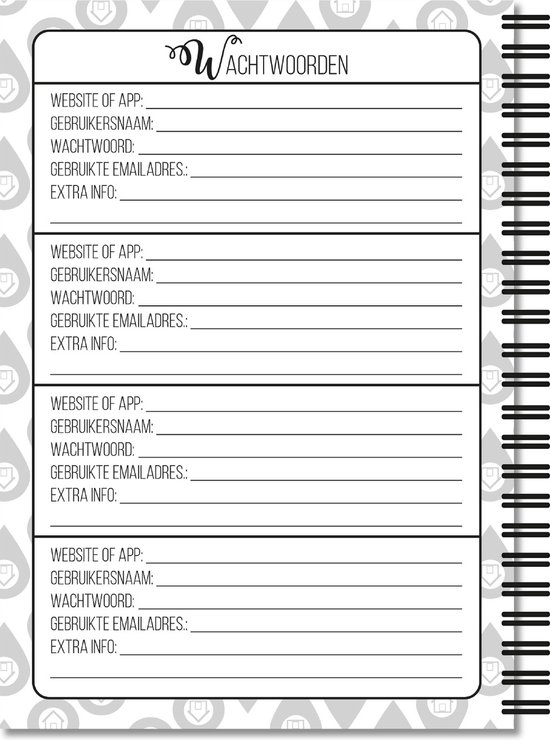 Binnenkant van een notitieboek met formulieren om website, gebruikersnaam, wachtwoord, e-mail en extra info in te vullen. Grijs patroon op de achtergrond.