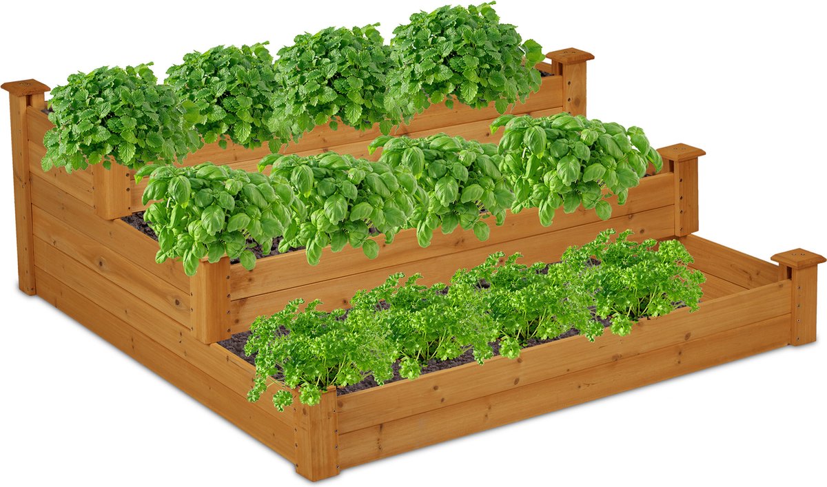 Relaxdays moestuinbak 3 niveaus - kruidenbak hout - kweekbak zonder bodem - tuin - terras