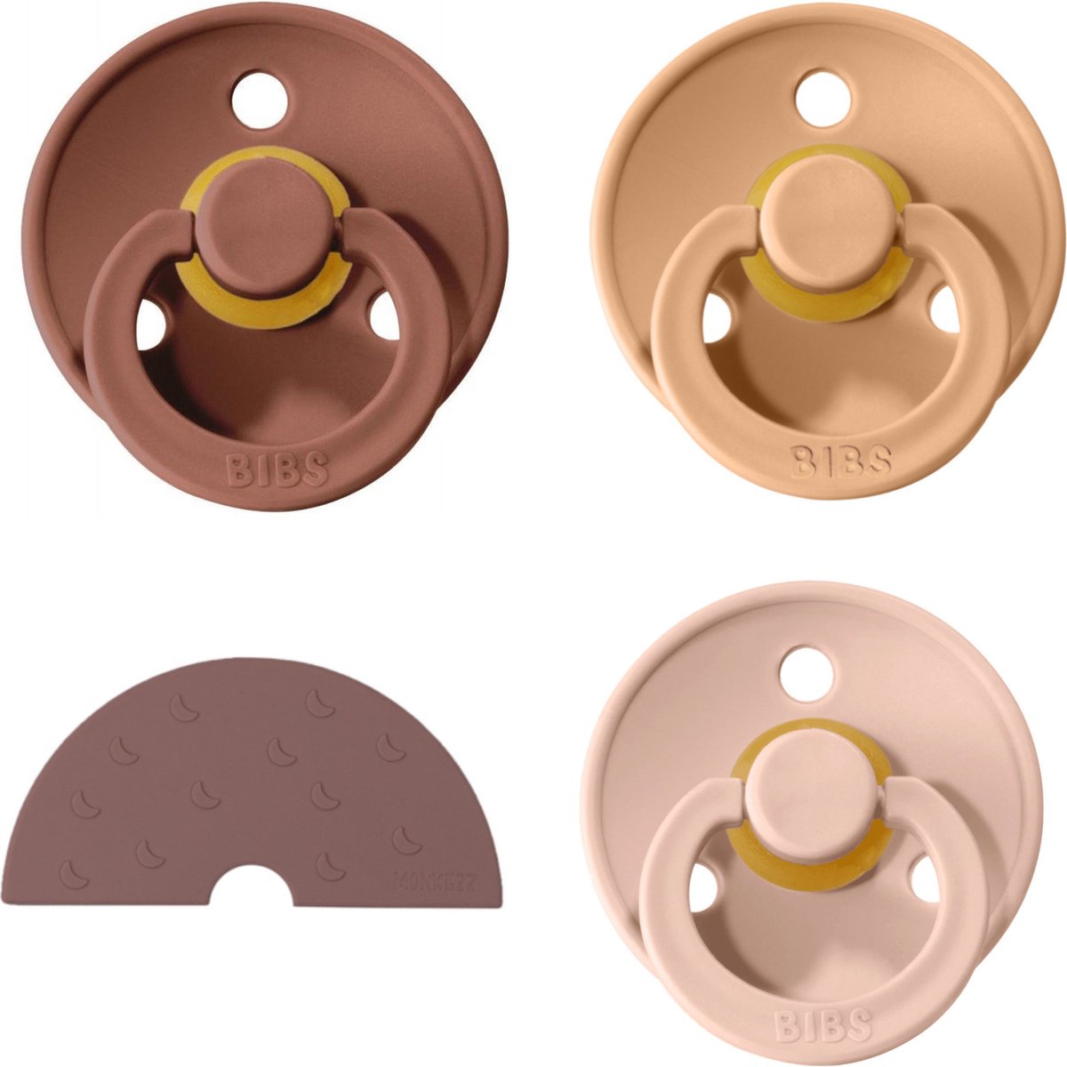BIBS Fopspeen set | Maat 1 0-6 maanden | Set 3 stuks + Monkiezz Bijtring Regenboog Rosewood | Blush, Peach, Woodchuck BIBS Fopspeen set | Maat 1 0-6 maanden | Set 3 stuks + Monkiezz Bijtring Regenboog Rosewood | Blush, Peach, Woodchuck