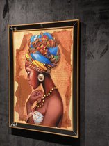 Schilderij 3D 'Diamonds African Woman' op doek 80x110 - Houten lijst met spiegel bewerking, reliëf effect, handgemaakte effecten