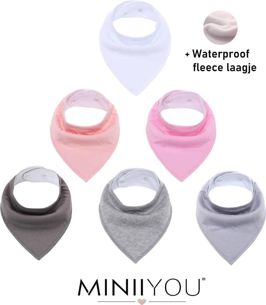 Goedkoopste 6 Stuks - Bandana Slabbetjes met Fleece Laagje - Roze Grijs Effen - Waterproof
