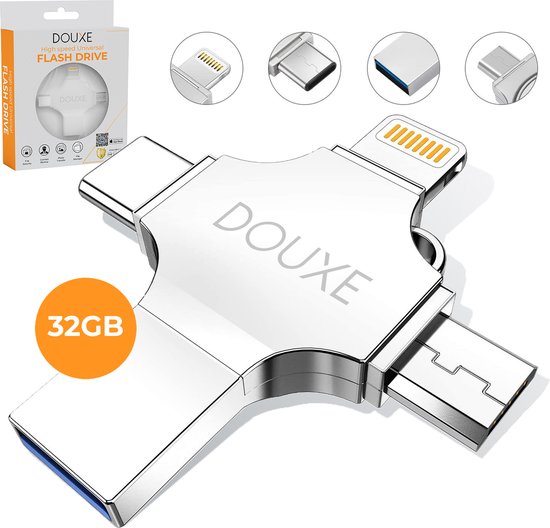 USB Stick 32GB - Flashdrive voor iPhone / iOS / Android 32GB - Flash Drive 4 In 1 - Douxe T03