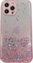 iPhone 13 Pro Max Transparant Glitter Hoesje met Camera Bescherming - Back Cover Siliconen Case TPU - Apple iPhone 13 Pro Max - Roze