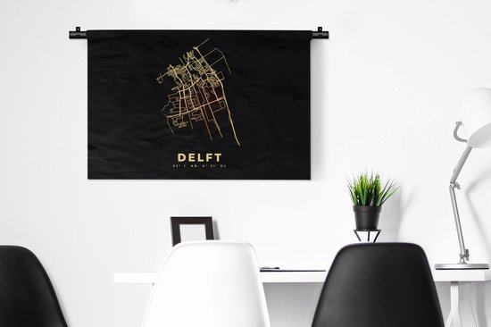 Wandkleed - Wanddoek - Delft - Stadskaart - Nederland - Plattegrond - Kaart - 90x60 cm - Wandtapijt