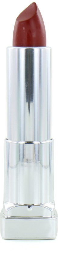 Maybelline Color Sensational Satin Lipstick - 285 Smoked Saffron: een zilveren huls met een donkerrode lipstickpunt.