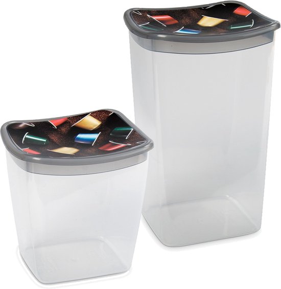 Set van 2x stuks Koffiecups bewaarbakjes 1,1 en 1.9 liter transparant/grijs plastic