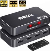 Drivv. HDMI Switch 4K @ 60Hz – 3 ingangen 1 uitgang - Ondersteunt 720p/1080p/4K/3D - Zwart