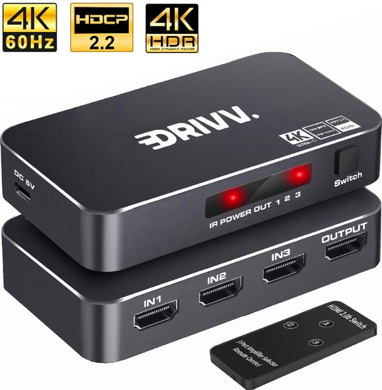 Drivv. Switch HDMI 4K @ 60Hz - Commutateur HDMI 3 ports avec télécommande - Prend en charge 720p/1080p/4K/3D
