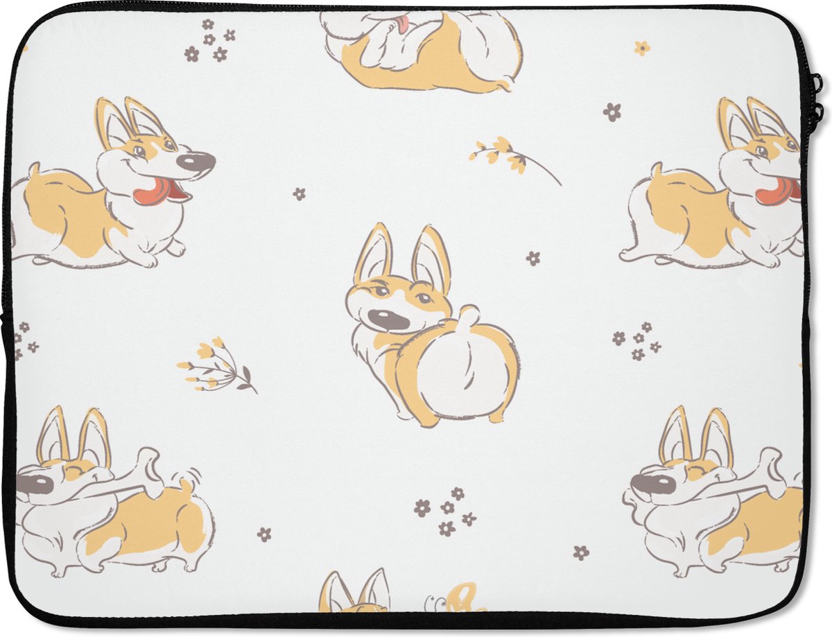 Laptophoes 15.6 inch - Patroon - Corgi - Hond - Jongens - Meisjes - Kinderen - Kindje - Laptop sleeve - Binnenmaat 37x26 cm - Zwarte achterkant