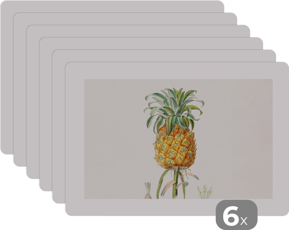 Placemat - Placemats kunststof - Ananas - Fruit - Vintage - 45x30 cm - 6 stuks - Hittebestendig - Anti-Slip - Onderlegger - Afneembaar