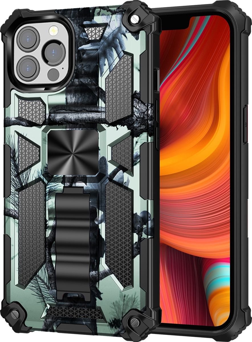 Mobigear Hoesje geschikt voor Apple iPhone 13 Pro Max Telefoonhoesje Hardcase | Mobigear Armor Stand Backcover Shockproof met Standaard | Schokbestendig iPhone 13 Pro Max Telefoonhoesje | Anti Shock Proof - Groen