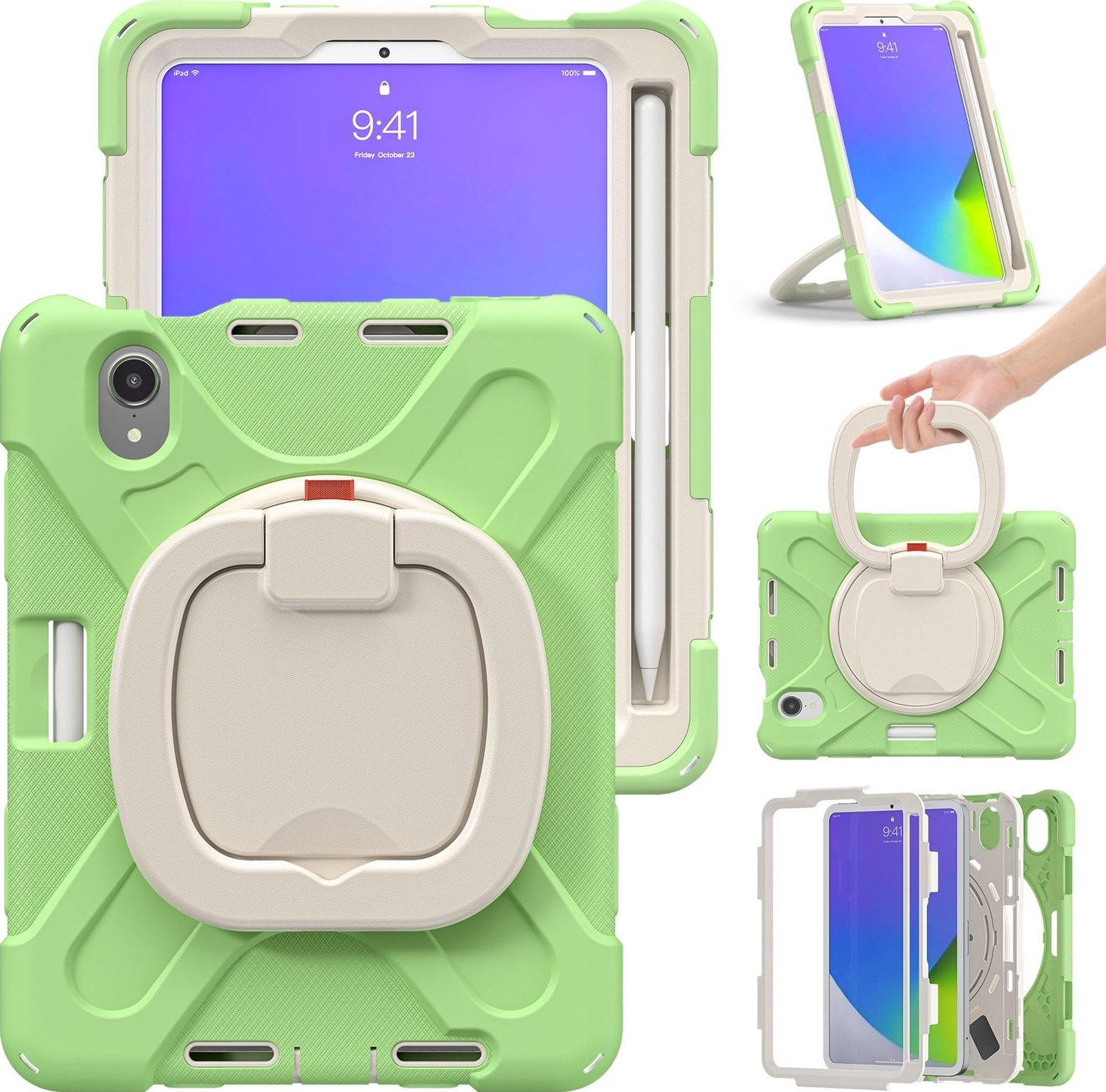 Mobigear RingGuard Tablethoes geschikt voor Apple iPad Mini 6 (2021) Hardcase Backcover + Stylus Houder + Schouderband + Standaard - Groen