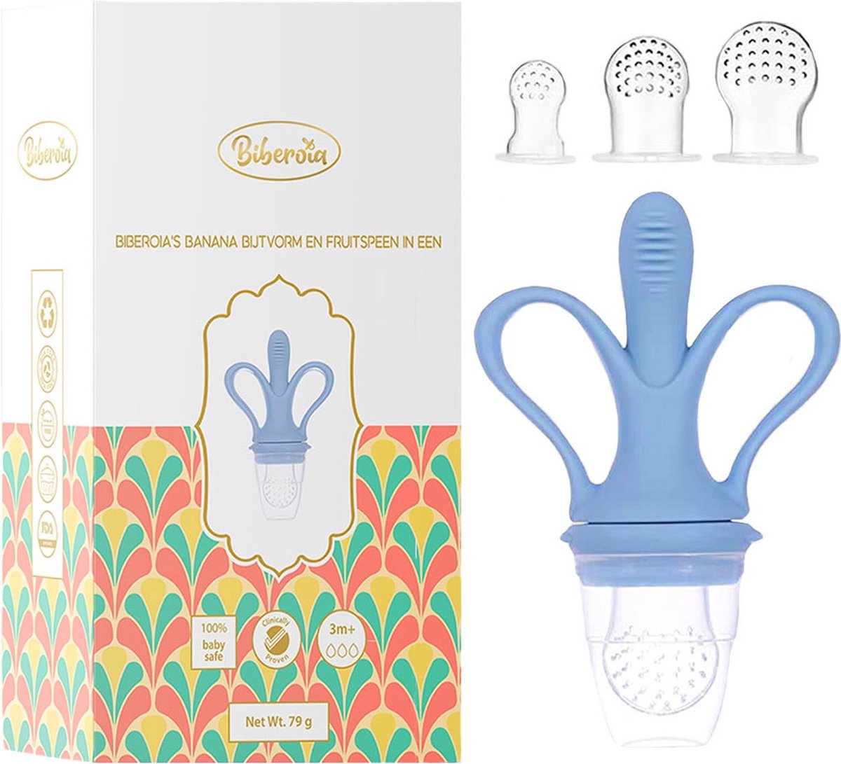 Goedkoopste Biberoia® Bijtring banaan en fruitspeen in 1 - Baby - Fopspeen – Extra speen in 3 maten S M L - Kinderbestek - Baby speelgoed – Kraamcadeau - Babyshower - Blauw