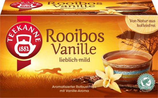 Teekanne Rooibos Vanille. Aromatisant. Kofïnevrij. Een kop dampende rooibos thee met een vanillebloem en twee jaguars in de savanne.