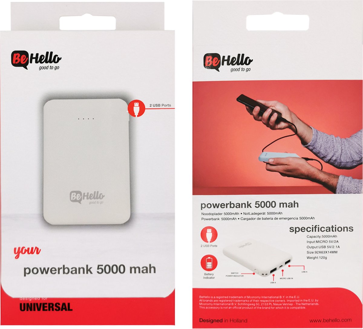 BeHello Powerbank 5000mAh Compact Size 2 USB White