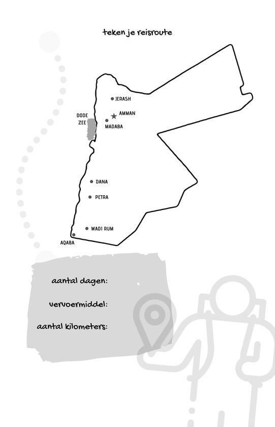 Kaart van Jordanië met plaatsen zoals Amman, Jerash, Petra en Aqaba. 'teken je reisroute'.