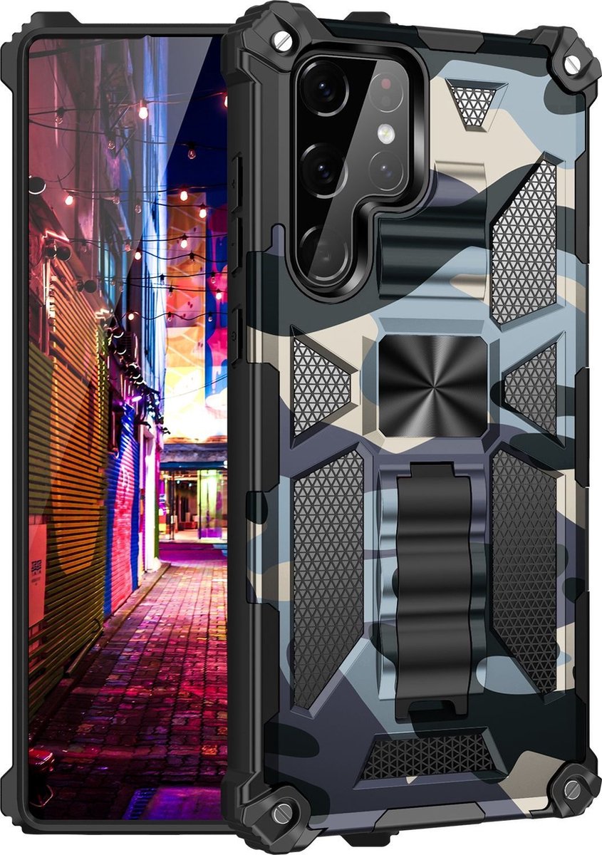 Mobigear Hoesje geschikt voor Samsung Galaxy S22 Ultra Telefoonhoesje Hardcase | Mobigear Armor Stand Backcover Shockproof met Standaard | Schokbestendig Galaxy S22 Ultra Telefoonhoesje | Anti Shock Proof - Blauw
