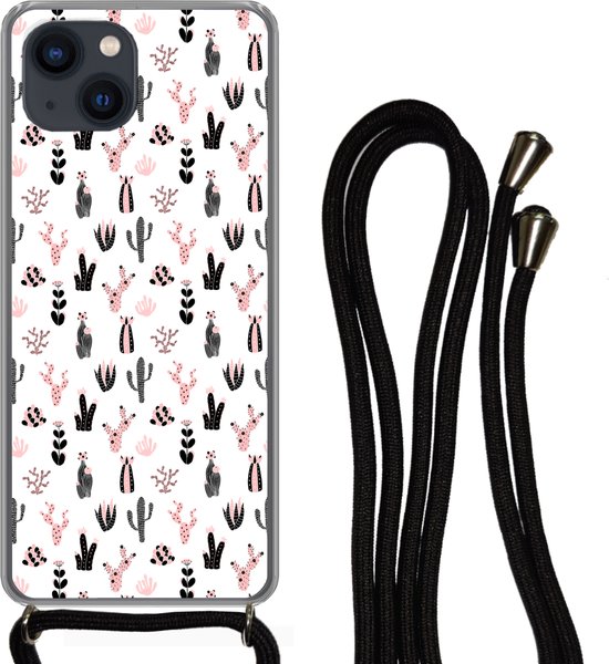 Coque avec cordon iPhone 13 - Meiden - Cactus - Rose - Motifs - Fille - Kids - Enfants - Siliconen - Bandoulière - Coque arrière avec cordon - Coque pour téléphone avec cordon - Coque avec corde