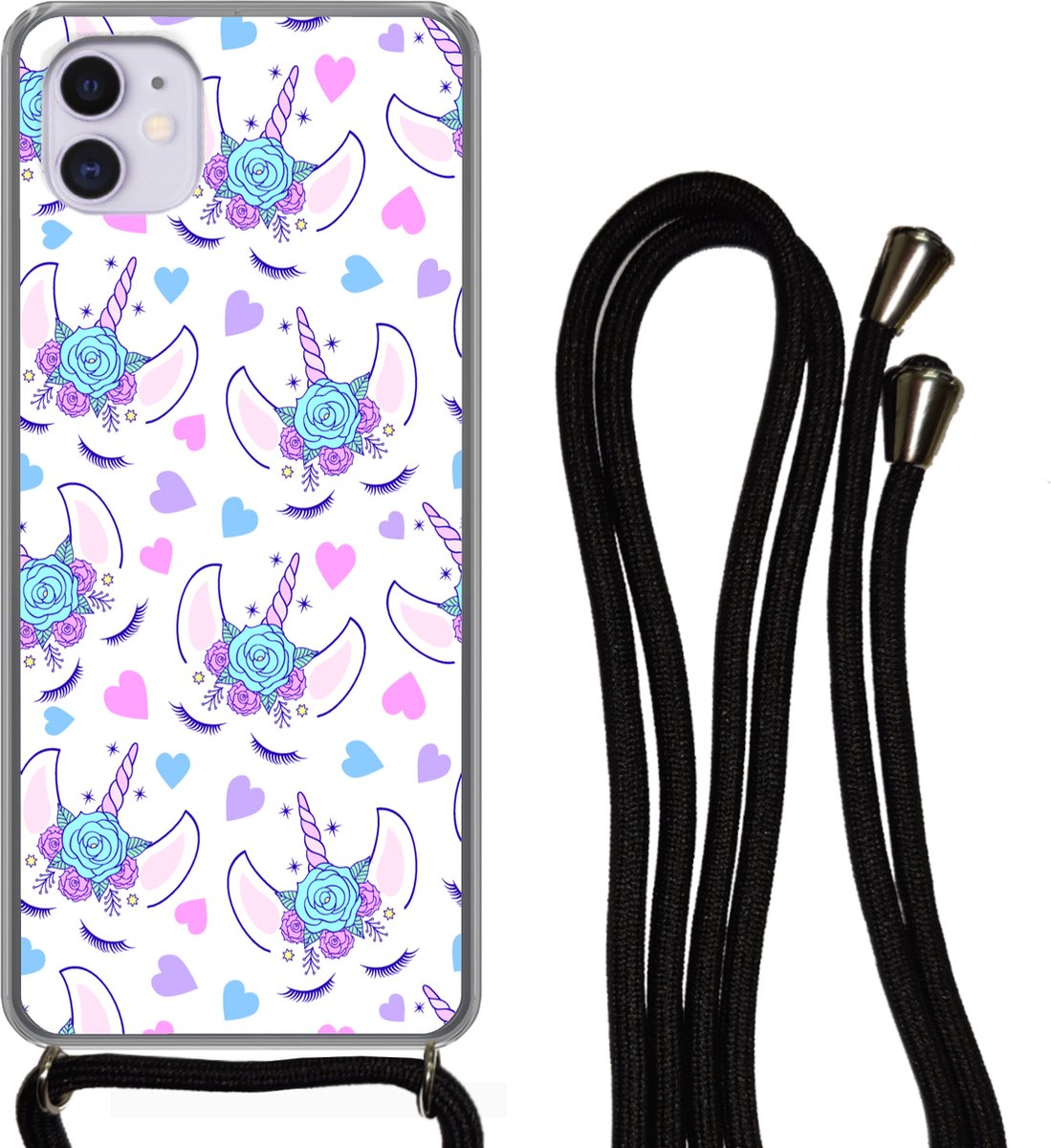 Telefoonhoesje Geschikt voor iPhone 11 - Meiden - Unicorn - Bloemen - Patronen - Girl - Kids - Kinderen - Siliconen - Crossbody - Backcover met Koord - Telefoonhoesje met koord - Hoesje met touw Telefoonhoesje