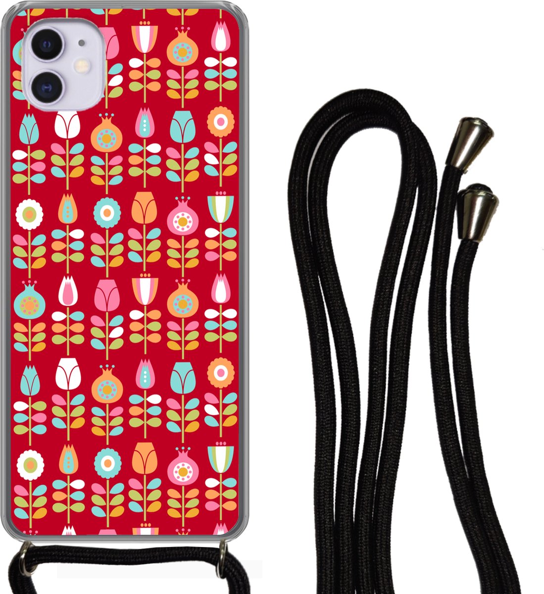 Telefoonhoesje Geschikt voor iPhone 11 - Patronen - Bloemen - Retro - Rood - Siliconen - Crossbody - Backcover met Koord - Telefoonhoesje met koord - Hoesje met touw Telefoonhoesje