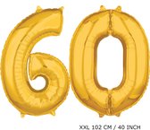Mega grote XXL gouden folie ballon cijfer 60 jaar.  leeftijd verjaardag 60 jaar. 102 cm 40 inch. Met rietje om ballonnen mee op te blazen.