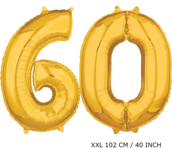 Mega grote XXL gouden folie ballon cijfer 60 jaar.  leeftijd verjaardag 60 jaar. 102 cm 40 inch. Met rietje om ballonnen mee op te blazen.