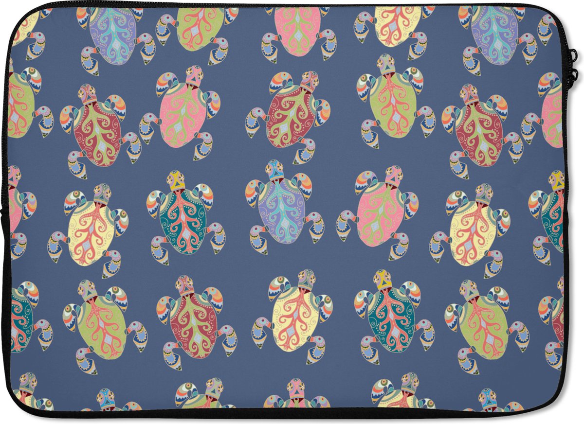 Laptophoes 14 inch - Patronen - Schildpad - Dieren - Girl - Kids - Kinderen - Laptop sleeve - Binnenmaat 33x23 cm - Zwarte achterkant