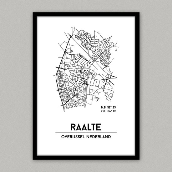 Raalte city poster, A3 (30x40 cm) met lijst, plattegrond poster, woonplaatsposter, woonposter