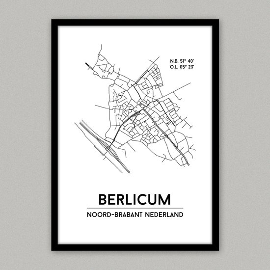 Berlicum city poster, A3 zonder lijst, plattegrond poster, woonplaatsposter, woonposter