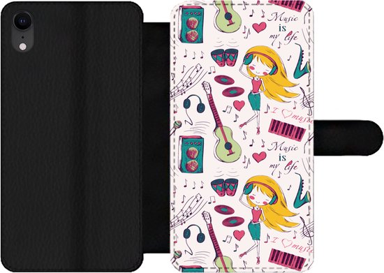 Étui pour téléphone iPhone XR Bookcase - Meiden - Musique - Écouteurs - Motifs - Fille - Rose - Enfants - Enfant - Avec compartiments - Étui portefeuille avec fermeture magnétique