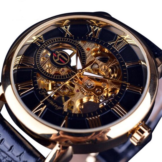 WiseGoods WS1354 Luxe Mannen Horloge - Mechanisch met Leren Band - 3D Skeleton Design - Gift Box - Goud - Ø40