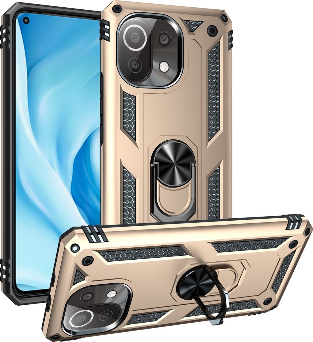 Mobigear Hoesje geschikt voor Xiaomi Mi 11 Lite Telefoonhoesje Hardcase | Mobigear Armor Ring Backcover Shockproof met Ringhouder | Schokbestendig Mi 11 Lite Telefoonhoesje | Anti Shock Proof - Goud