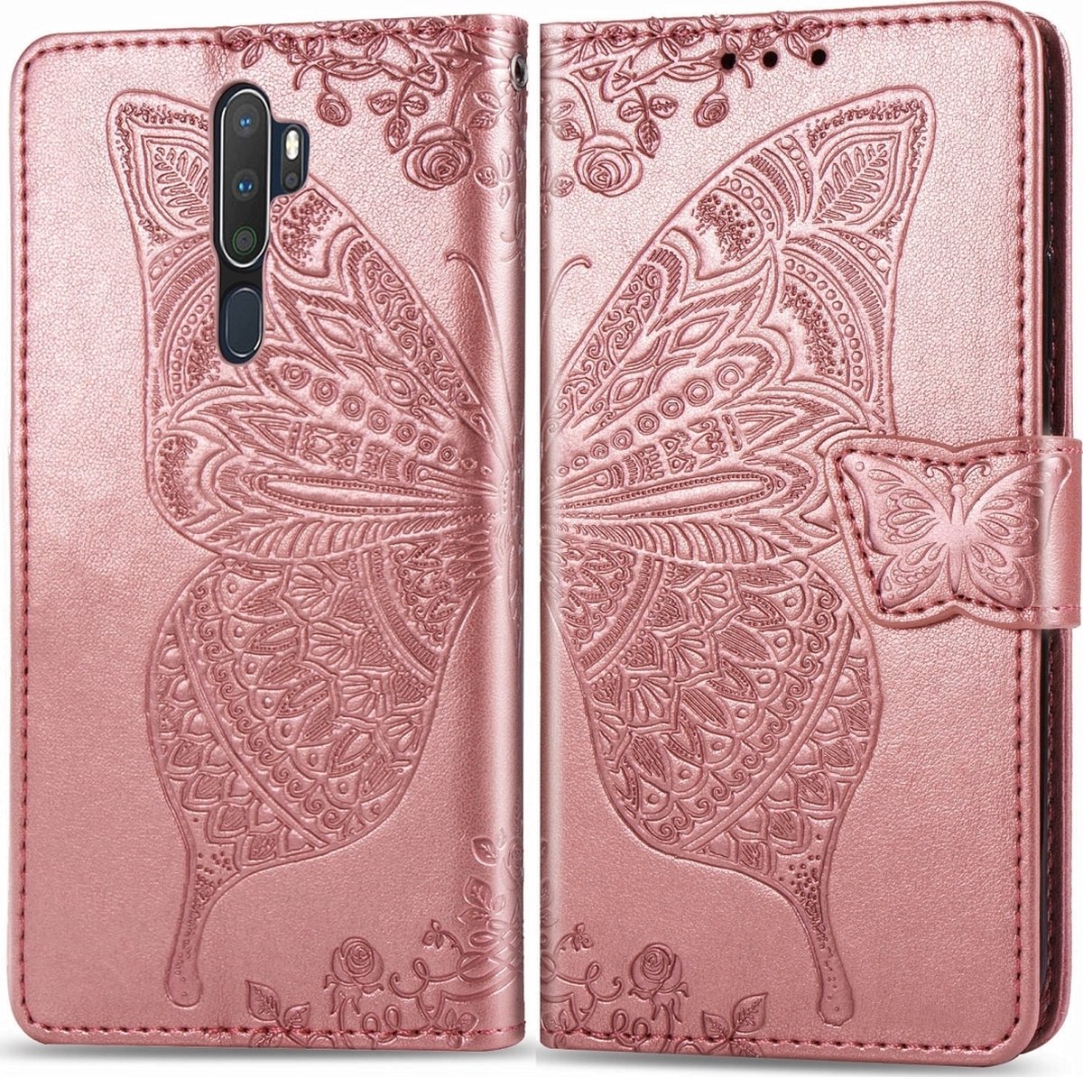 Mobigear Telefoonhoesje geschikt voor OPPO A9 (2020) Hoesje | Mobigear Butterfly Bookcase Portemonnee | Pasjeshouder voor 3 Pasjes | Telefoonhoesje voor Pinpas / OV Kaart / Rijbewijs - Roségoud