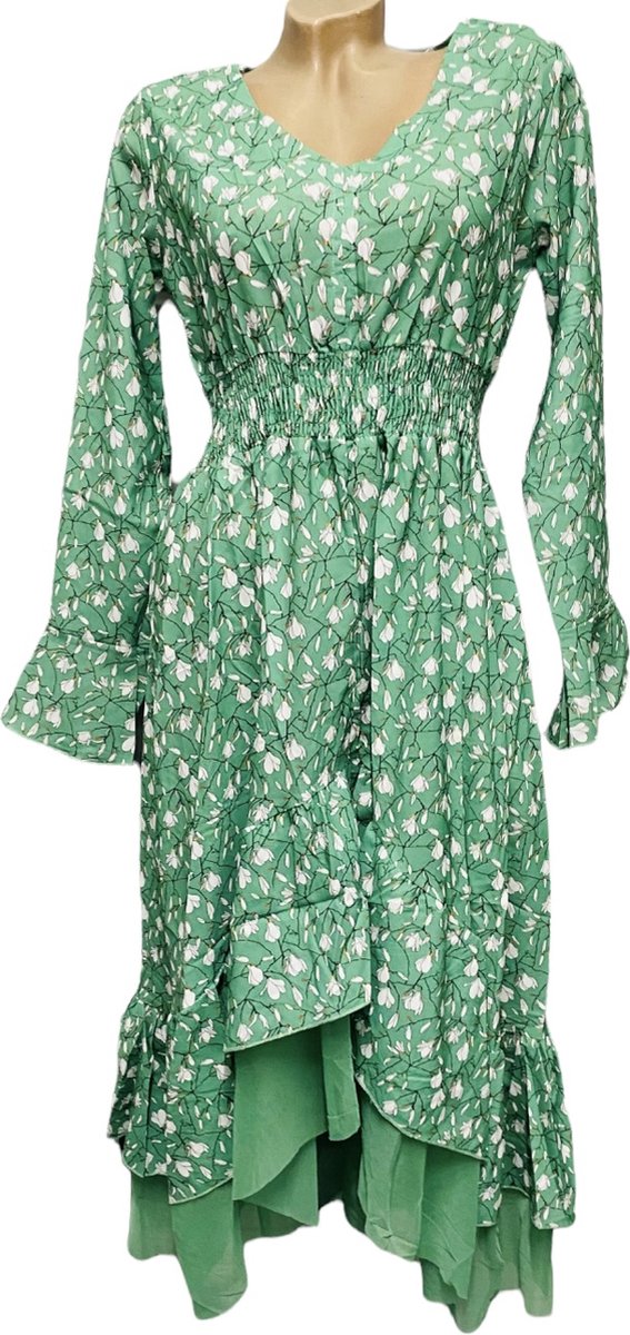 Dames midi jurk met bloemenprint 38-40 groen/wit | bol
