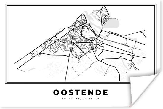 Poster Carte - Ostende - België - Zwart Wit - Plan de Ville - Carte - 60x40 cm