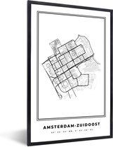 Fotolijst incl. Poster Zwart Wit- Plattegrond – Amsterdam Zuidoost – Zwart Wit – Stadskaart - Nederland - Kaart - 40x60 cm - Posterlijst