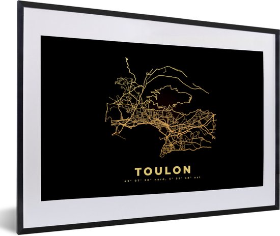 Fotolijst incl. Poster - Plattegrond - Goud – Kaart - Toulon – Stadskaart - Frankrijk - 60x40 cm - Posterlijst