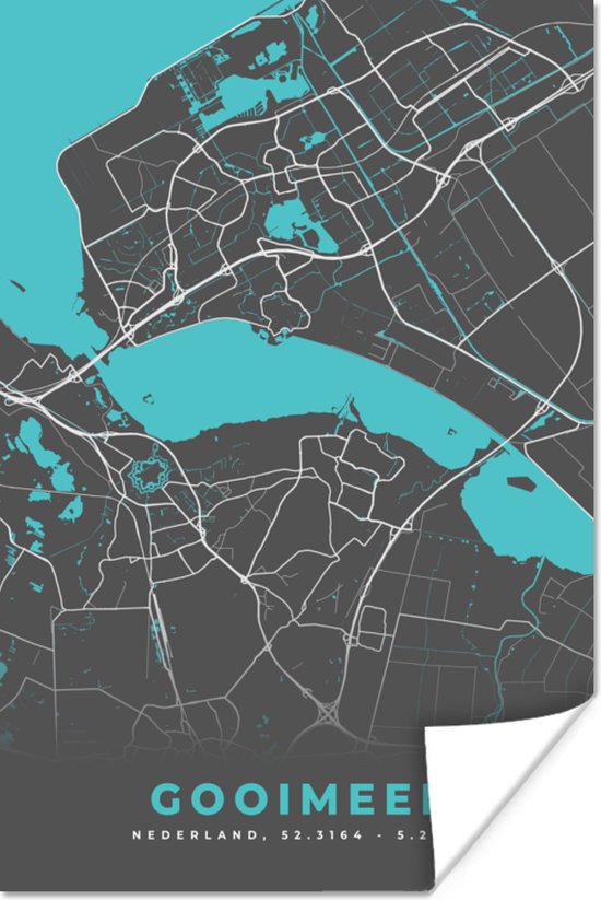 Poster Carte - Plan de la ville - Nederland - Carte - Water - Gooimeer -  60x90 cm | bol.