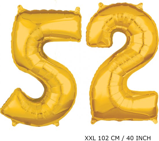 Mega grote XXL gouden folie ballon cijfer 52 jaar.  leeftijd verjaardag 52 jaar. 102 cm 40 inch. Met rietje om ballonnen mee op te blazen.